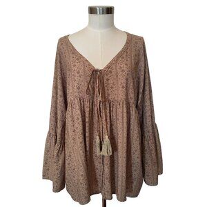 Heyson Boho Low Neck Top w' Bell Sleeves & Tassel Ties Size 2XL XXL